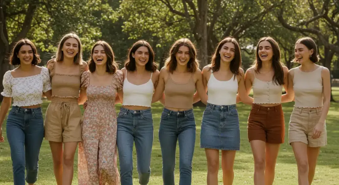 Diverse women in stylish Shein outfit combinations enjoying a park