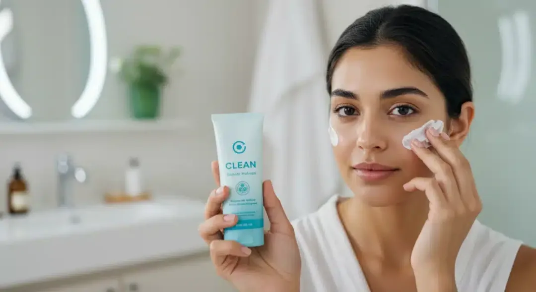 Woman applying clean beauty product, emphasizing ingredient transparency and safe skincare choices