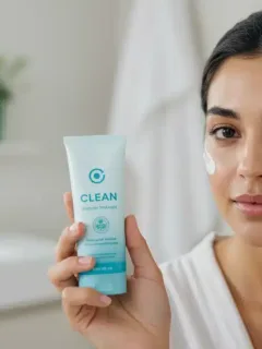 Woman applying clean beauty product, emphasizing ingredient transparency and safe skincare choices