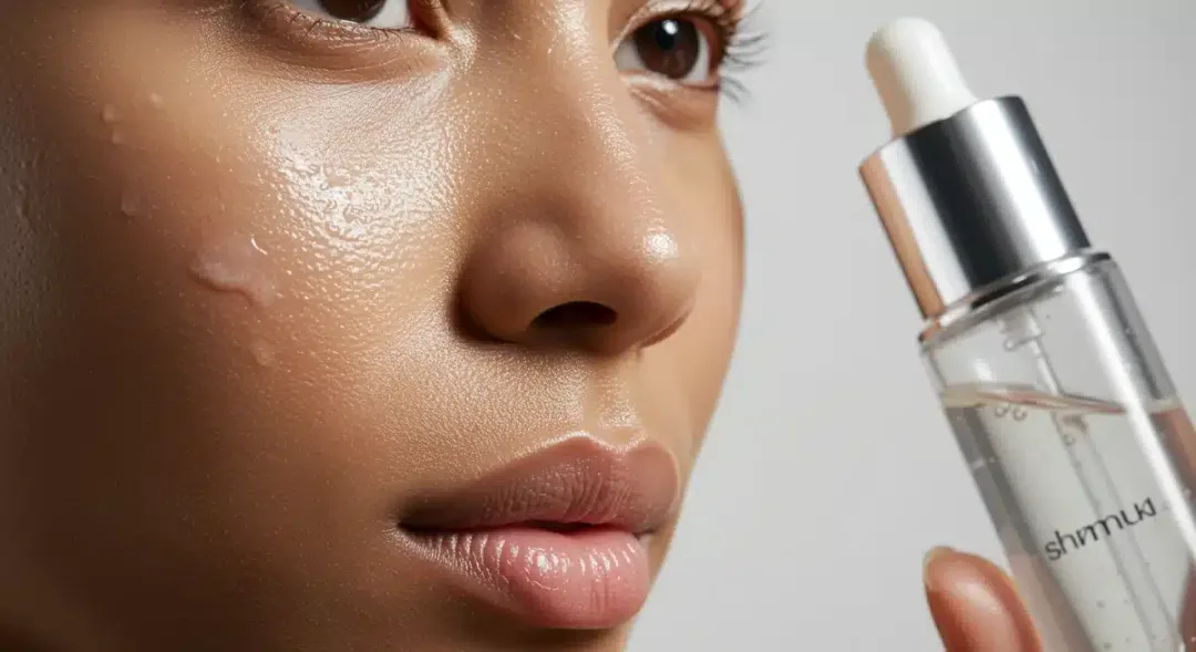 Woman with plump radiant skin, futuristic hydration serum bottle