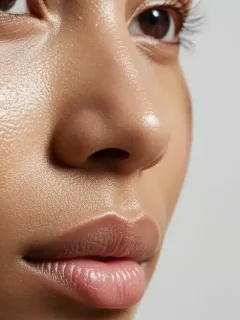 Woman with plump radiant skin, futuristic hydration serum bottle