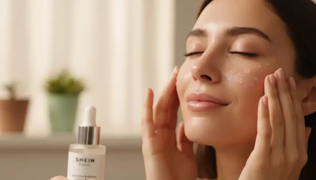 Woman applying hydrating serum from Shein Beauty for a radiant complexion.