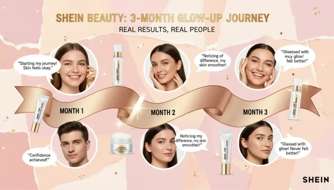 Collage of positive user reviews and results from Shein Beauty glow products.