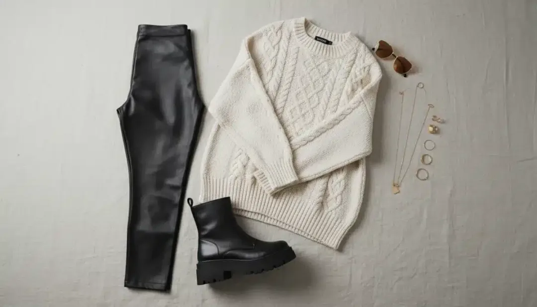 Elevated comfort Shein outfit formula flat lay with sweater, leggings, boots.