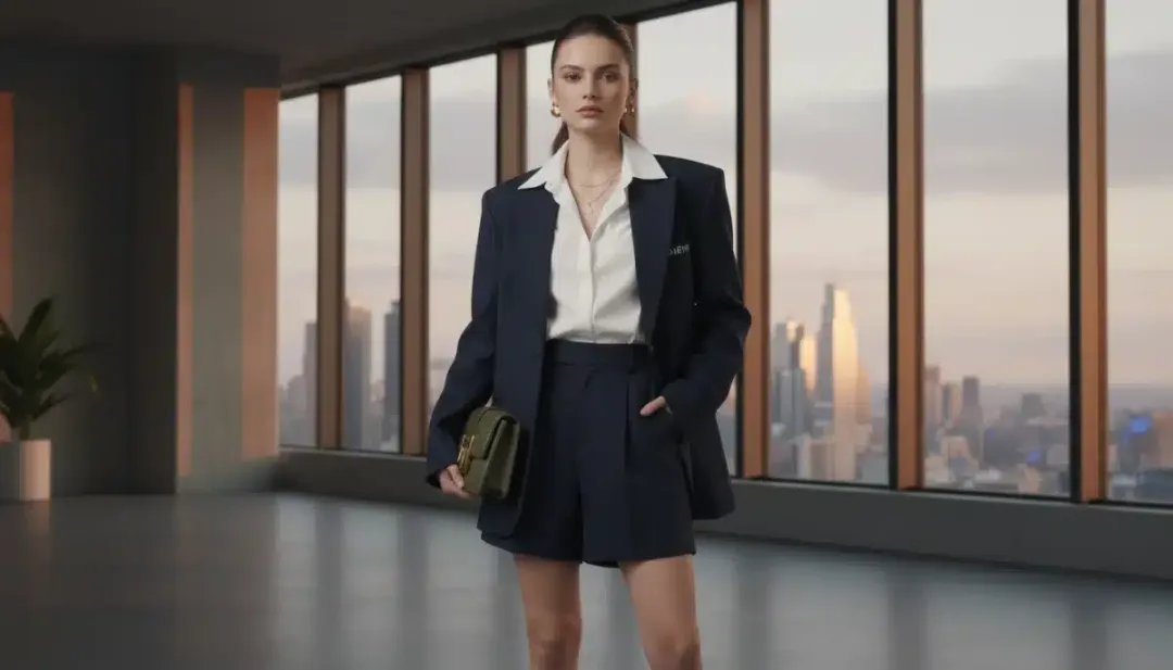 Model in 'Power Play' Shein outfit formula: blazer, shorts, loafers.
