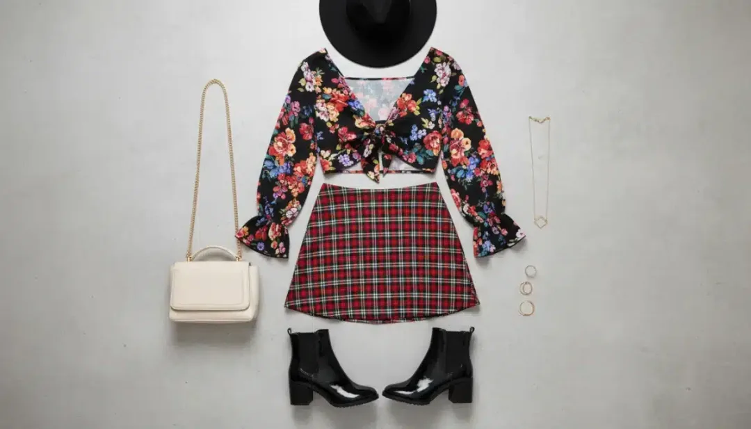 Flat lay of plaid skirt and floral top Shein mix and match outfit with accessories