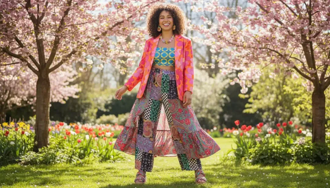 Model in vibrant floral and geometric mix and match Shein prints outfit for Spring 2026
