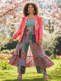 Model in vibrant floral and geometric mix and match Shein prints outfit for Spring 2026