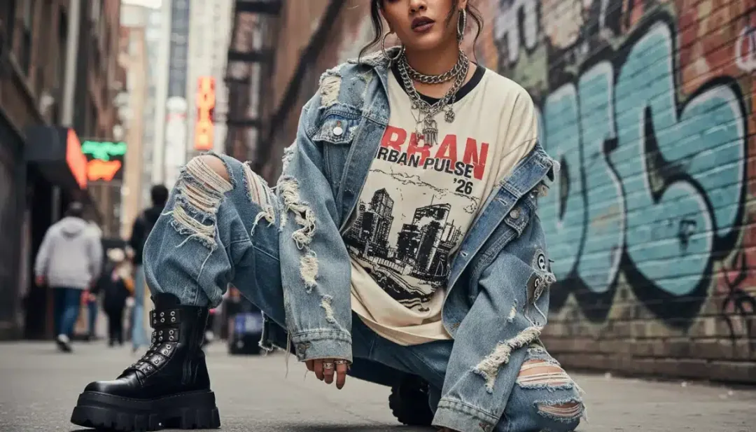 Layered distressed denim and graphic tee, embodying 2026 Shein street style