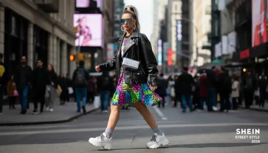 Faux leather jacket and mini skirt, defining Shein Street Style 2026