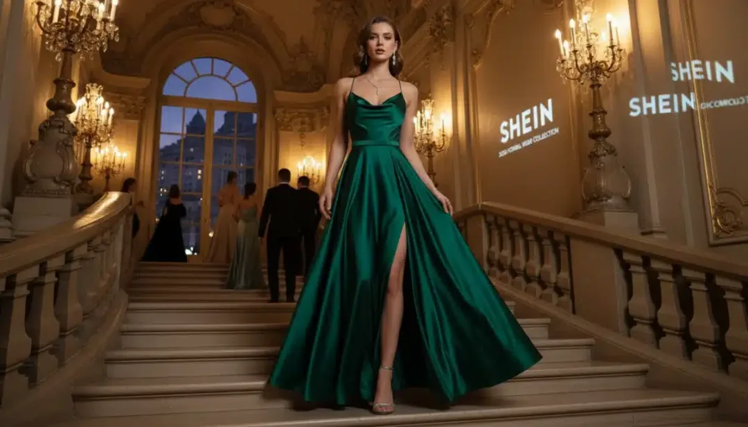 Emerald green satin gown from Shein's 2026 collection.