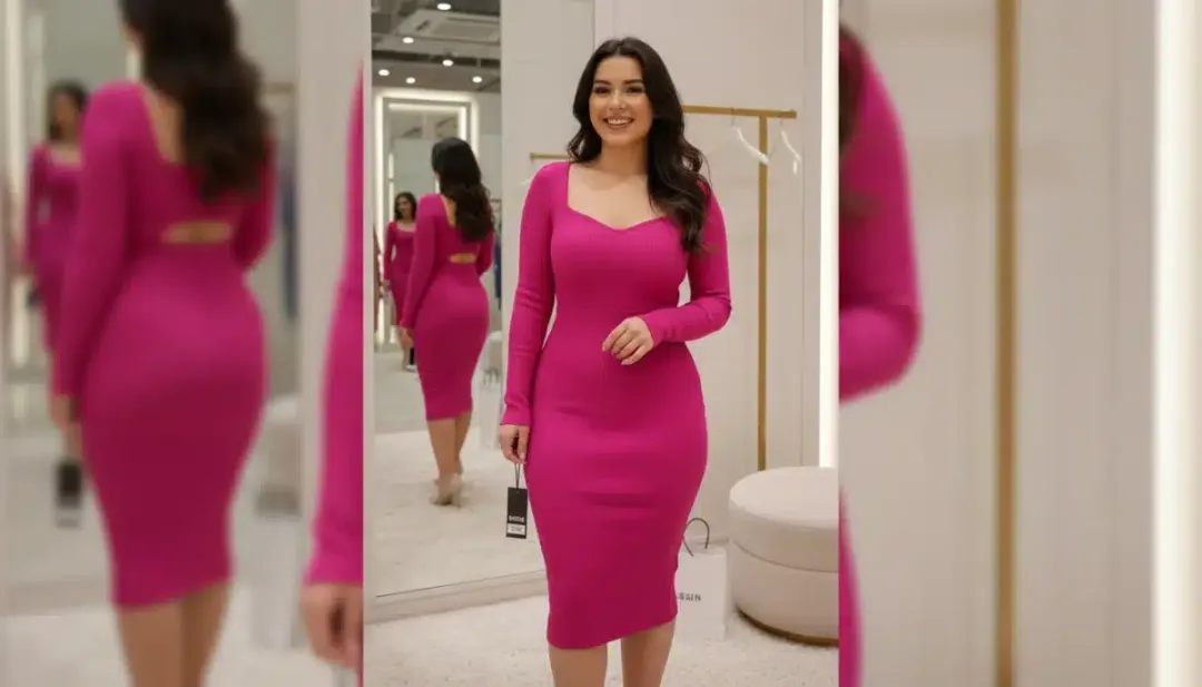 Hourglass body type woman trying on a fitted Shein midi dress.
