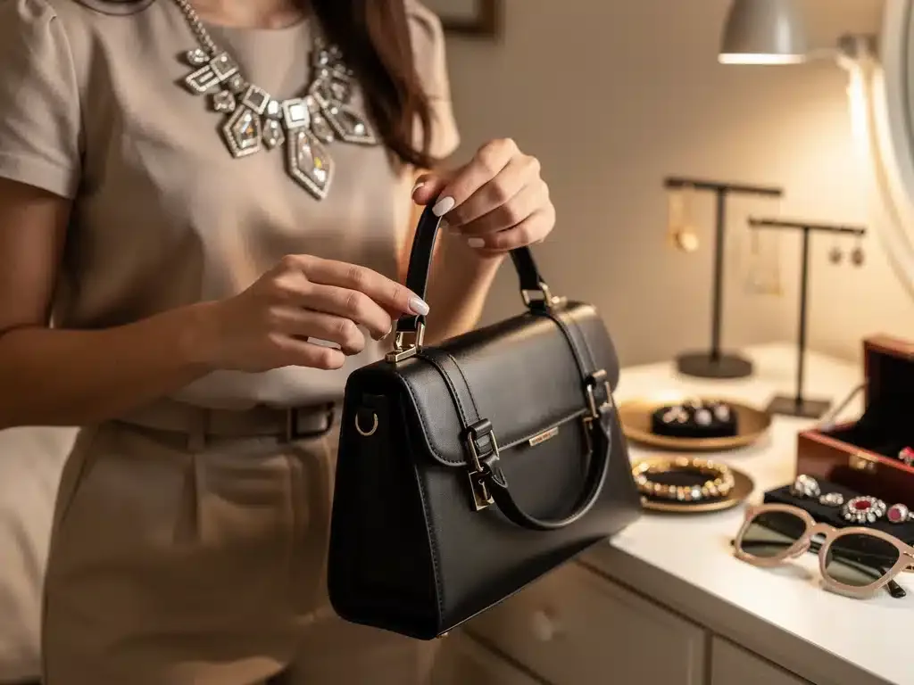 Woman accessorizing Shein challenge outfit for January 2026