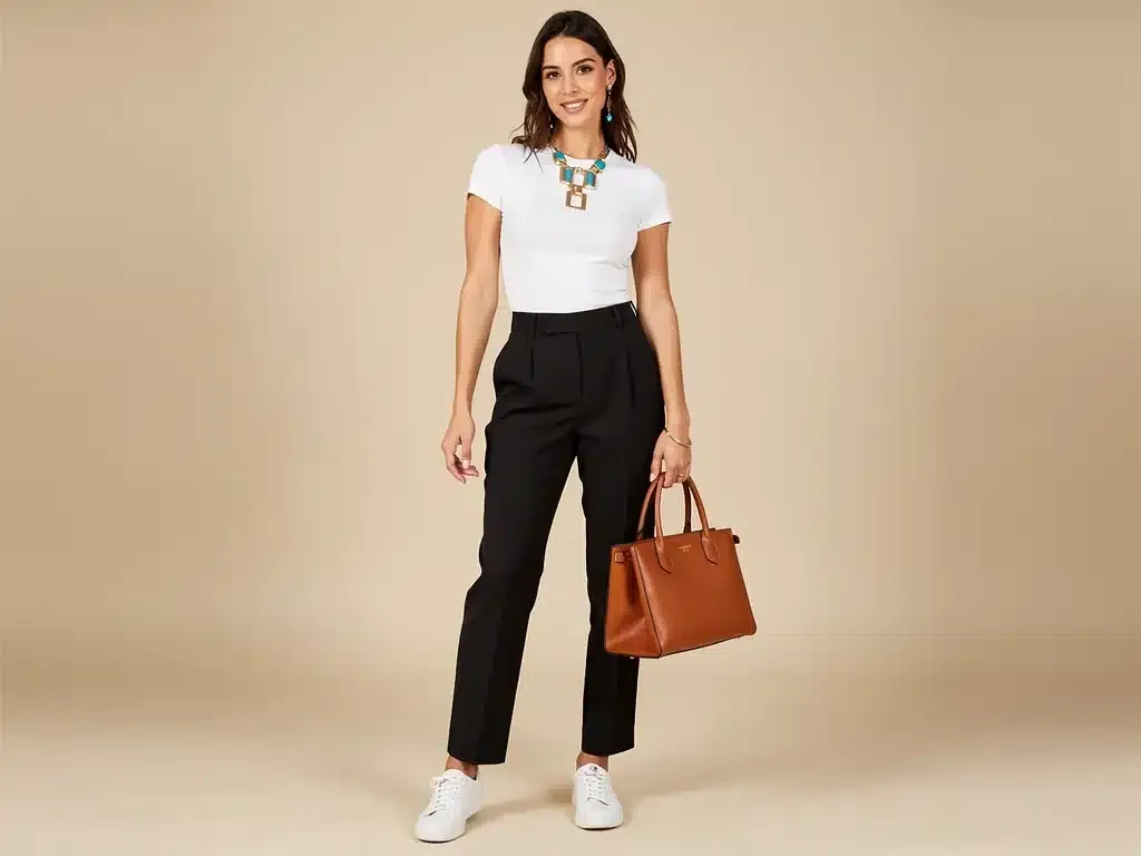 Woman accessorizing Shein outfit for capsule wardrobe