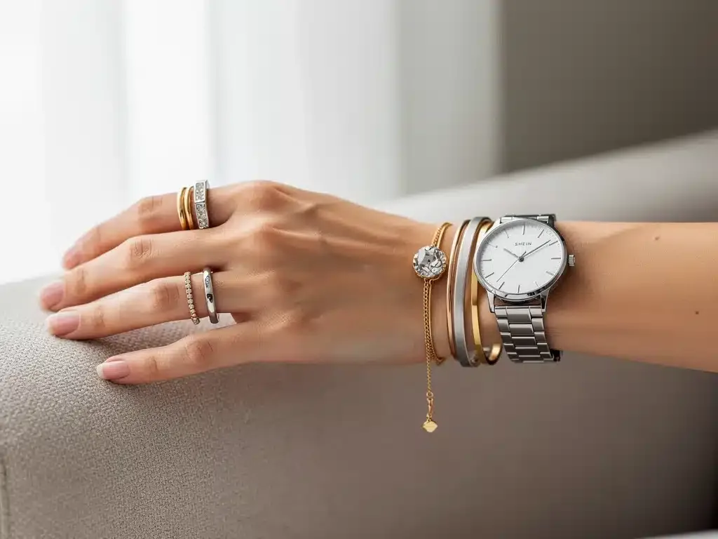 Hand with layered Shein rings and bracelets