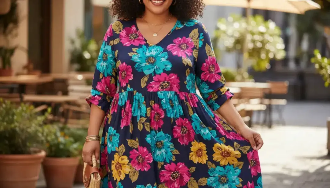Plus-size model in a floral maxi dress, showcasing flattering Shein style.