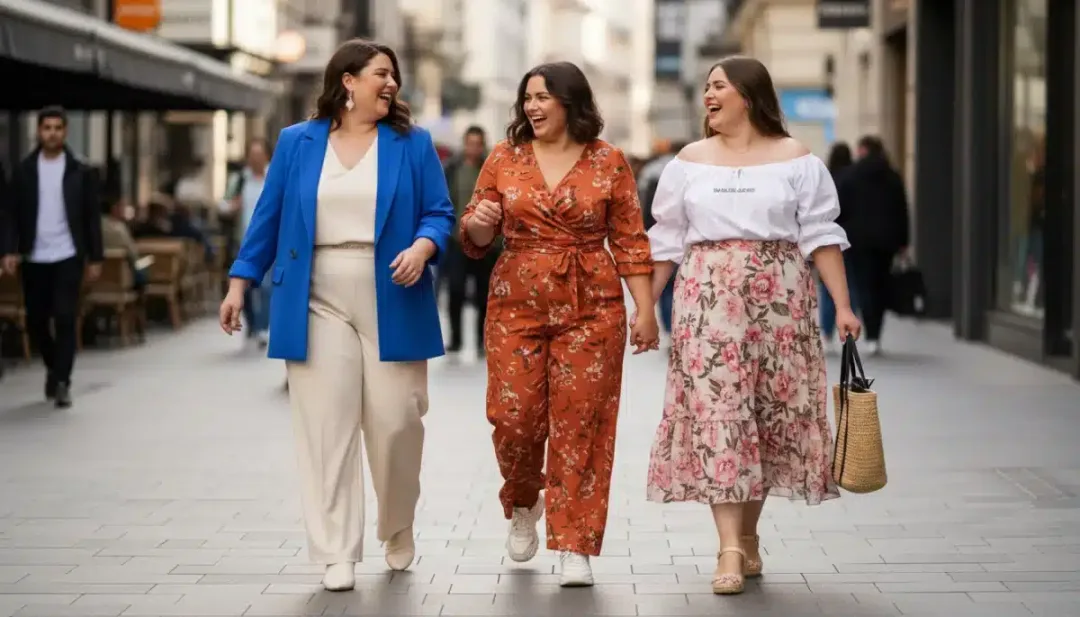 Friends in diverse Shein Plus-Size Outfits 2026, enjoying a casual outing.