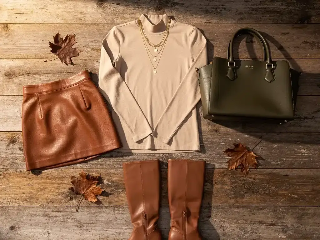 Curated Shein fall fashion accessories and clothing flat lay.
