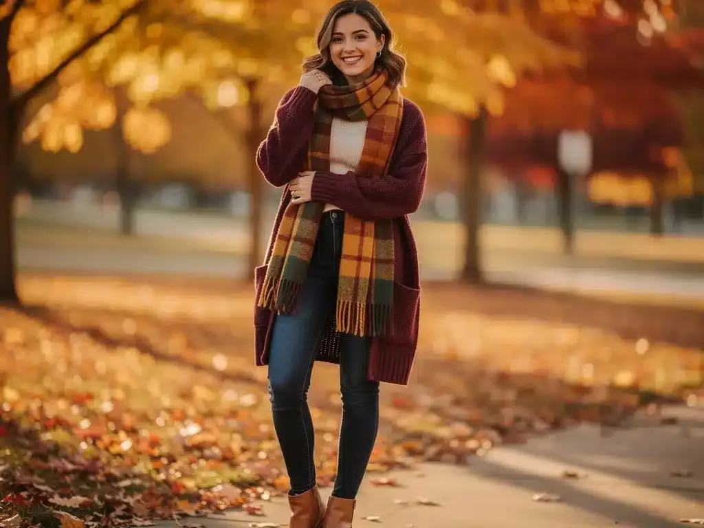Stylish woman showcasing Shein fall layered outfit in autumn park, U.S.
