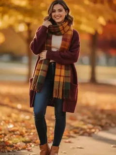 Stylish woman showcasing Shein fall layered outfit in autumn park, U.S.