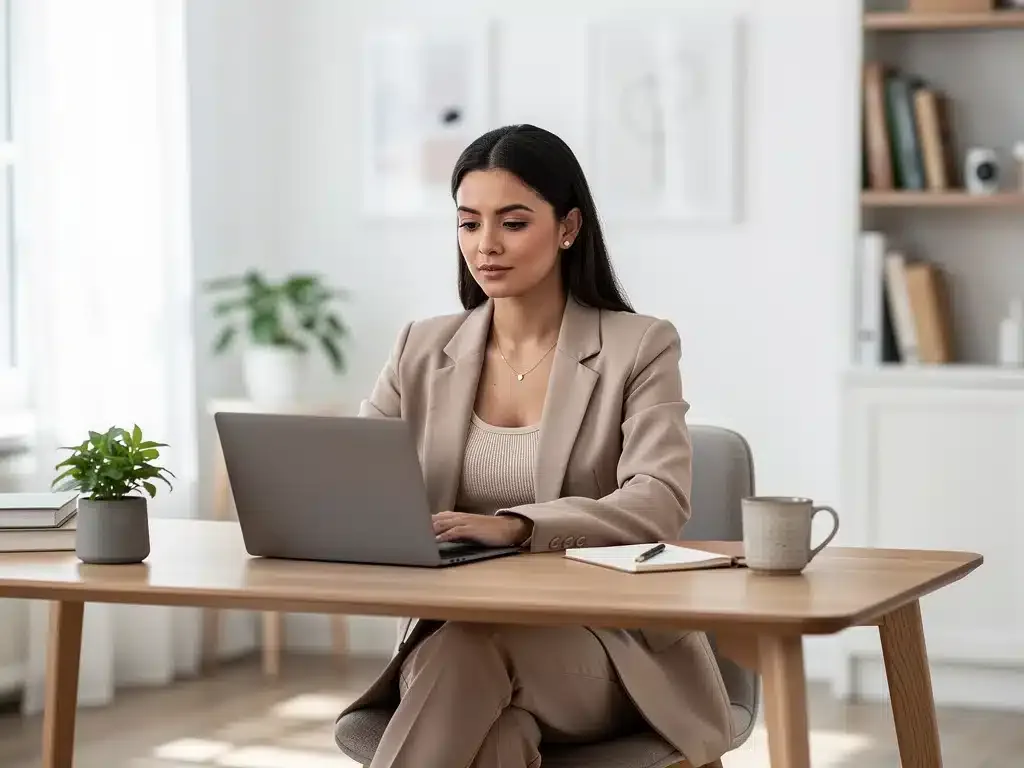 Stylish woman in a chic Shein work-from-home outfit at her desk, working efficiently.