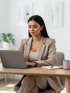 Stylish woman in a chic Shein work-from-home outfit at her desk, working efficiently.