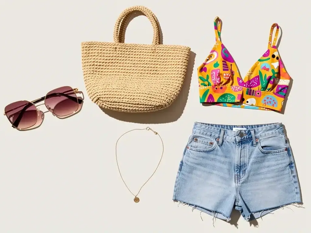 Shein Summer 2026 accessories and clothing flat lay.