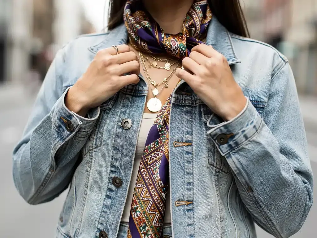 Accessorizing Shein denim jacket with scarf and layered necklaces