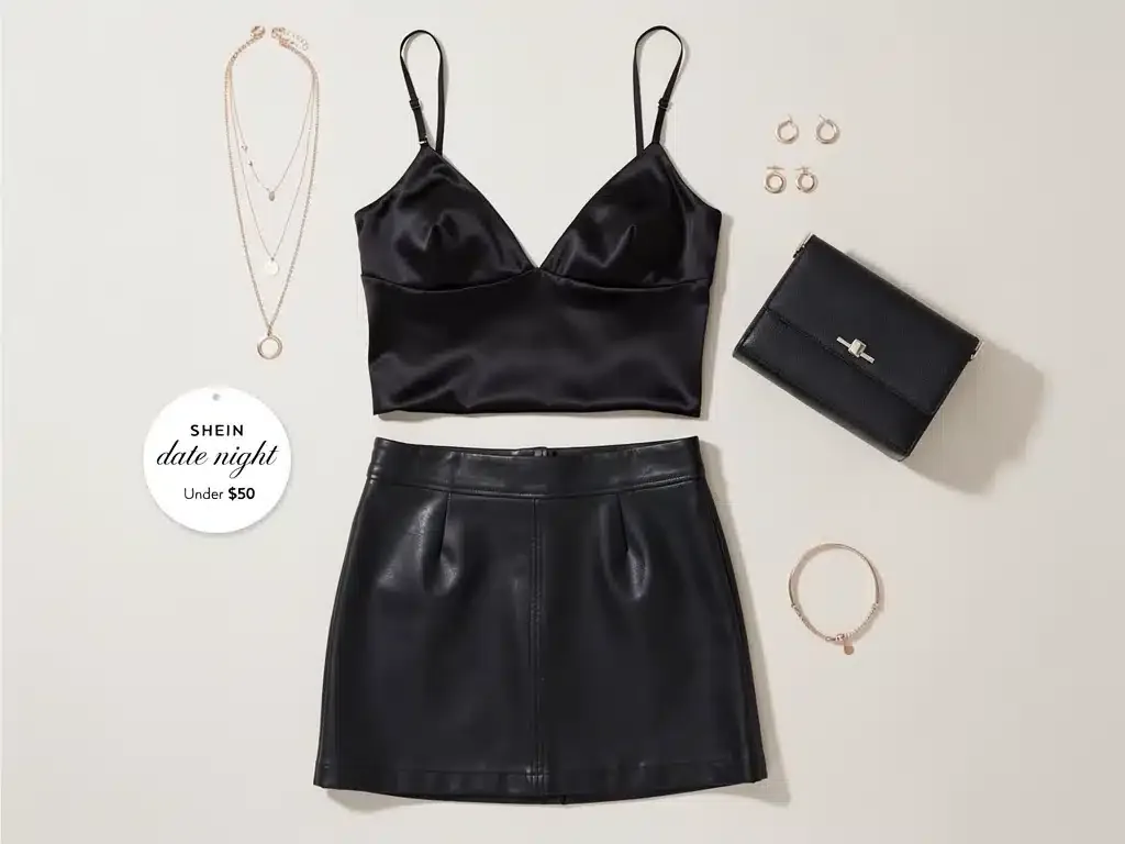 Shein date night outfit components flat lay