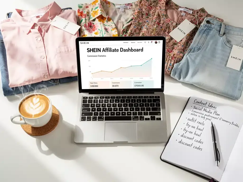 Shein affiliate dashboard with earnings, laptop, and fashion items.