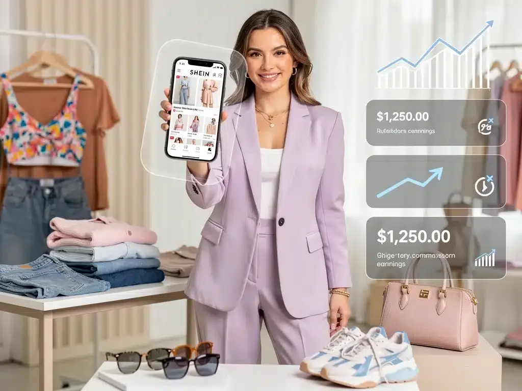 Young woman showcasing Shein fashion and affiliate program earnings on her phone.