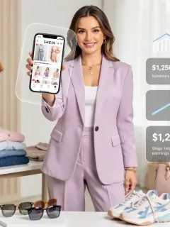 Young woman showcasing Shein fashion and affiliate program earnings on her phone.