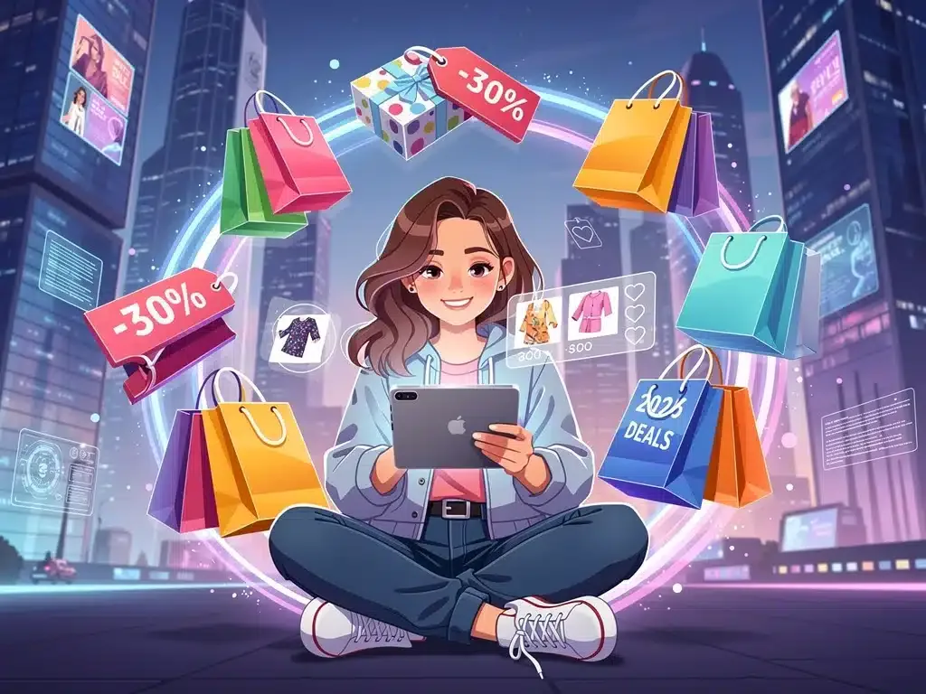 Smart shopper browsing Shein on a tablet, surrounded by trendy clothing and discount symbols.