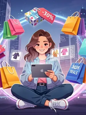 Smart shopper browsing Shein on a tablet, surrounded by trendy clothing and discount symbols.