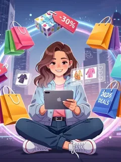 Smart shopper browsing Shein on a tablet, surrounded by trendy clothing and discount symbols.