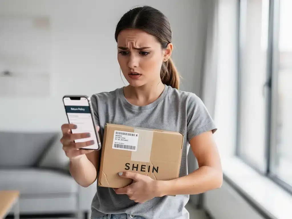 Woman navigating Shein return policy on smartphone