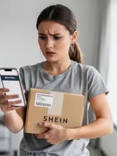 Woman navigating Shein return policy on smartphone