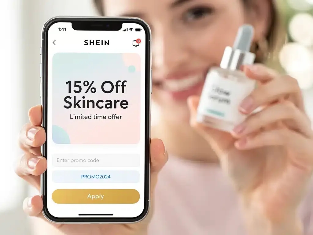 Shein app displaying 15% off skincare offer with promo code input field.