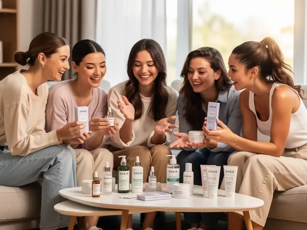 Diverse women reviewing and discussing Shein skincare products in a group setting.