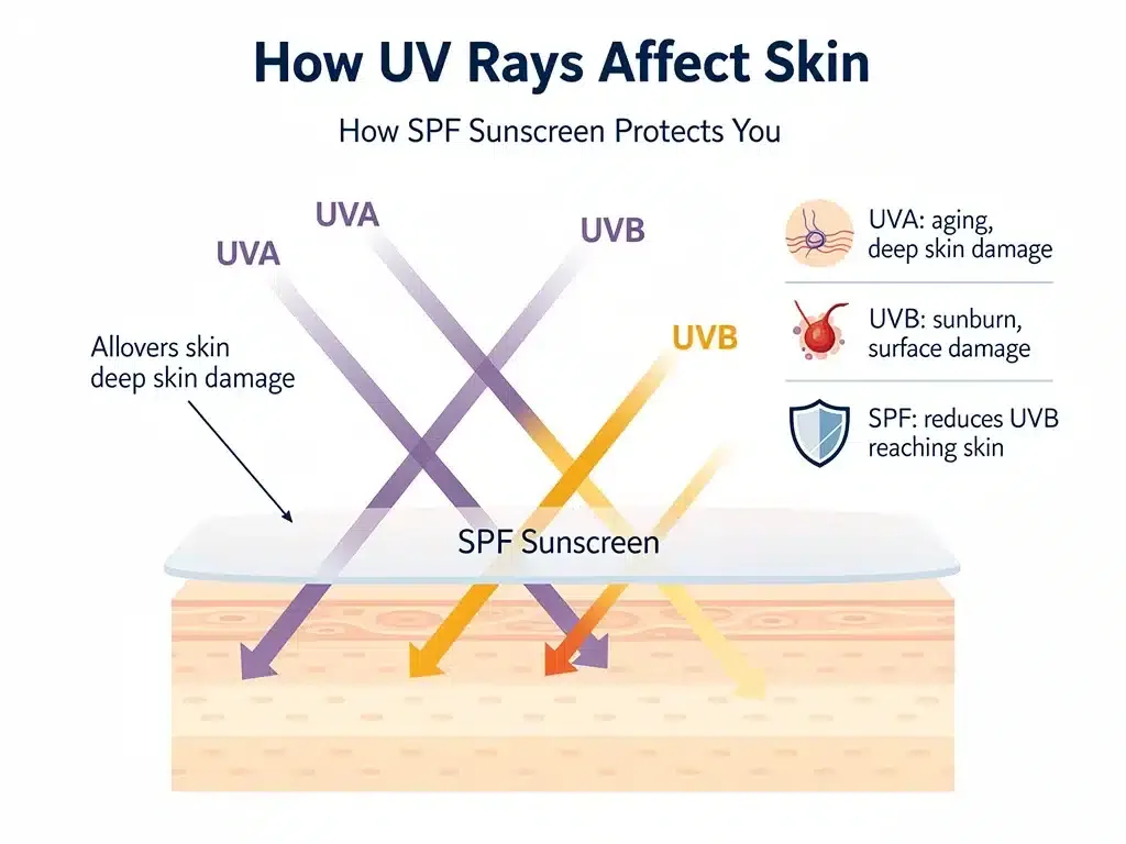 Infographic explaining UVA and UVB rays and how SPF protection works.