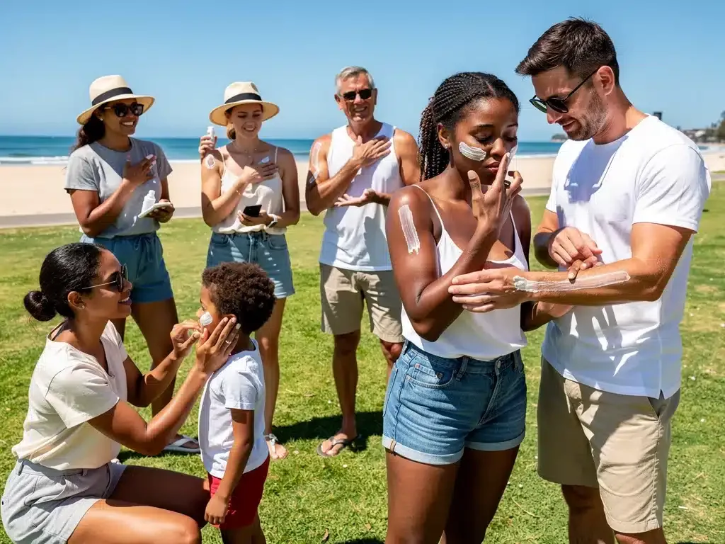 Diverse individuals applying sunscreen outdoors, promoting healthy sun protection habits.