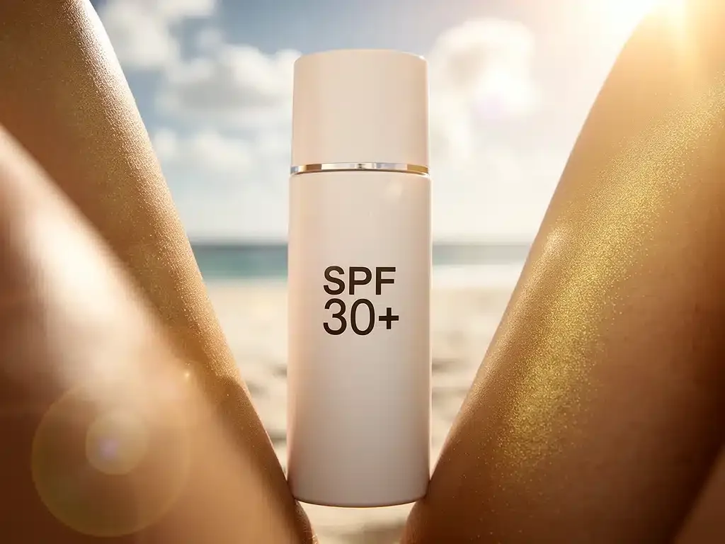 SPF 30+ sunscreen bottle with healthy skin and sunlight, symbolizing optimal sun protection for 2026.