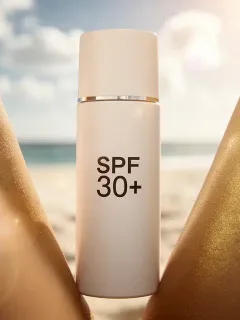 SPF 30+ sunscreen bottle with healthy skin and sunlight, symbolizing optimal sun protection for 2026.