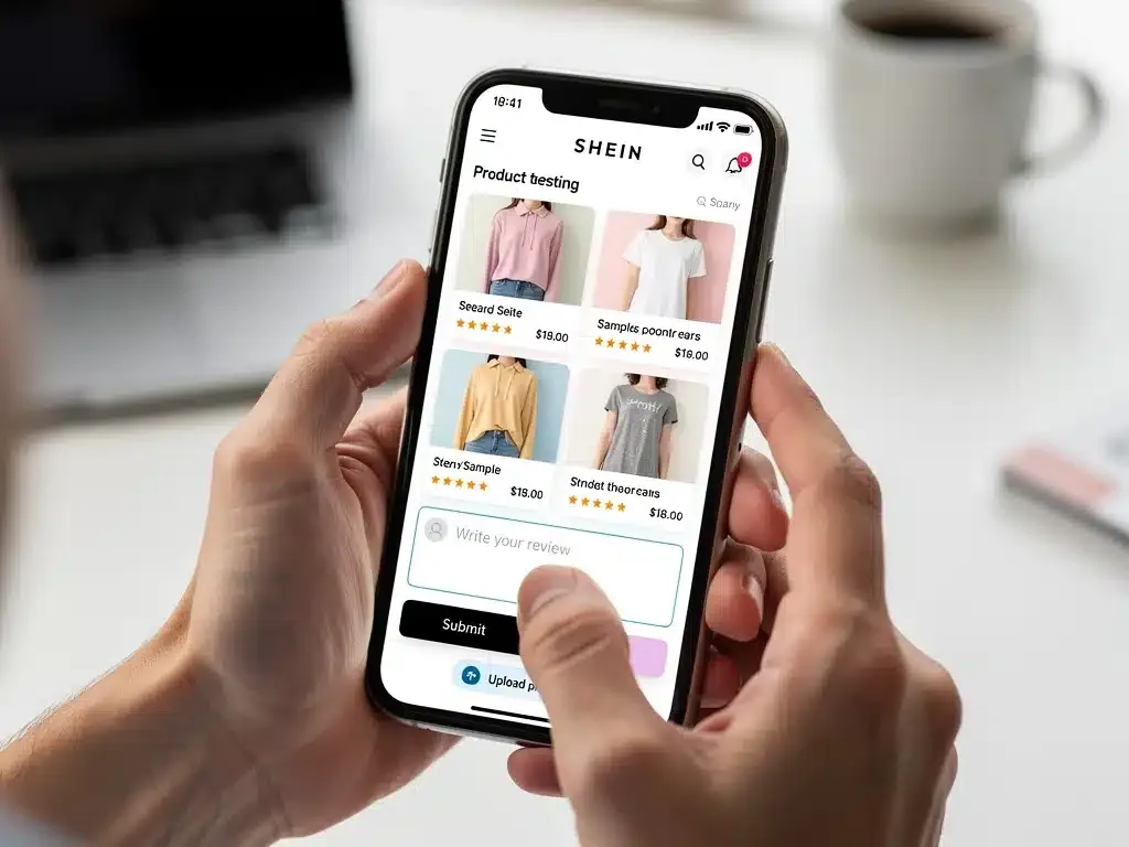 Hands navigating Shein product testing app on smartphone