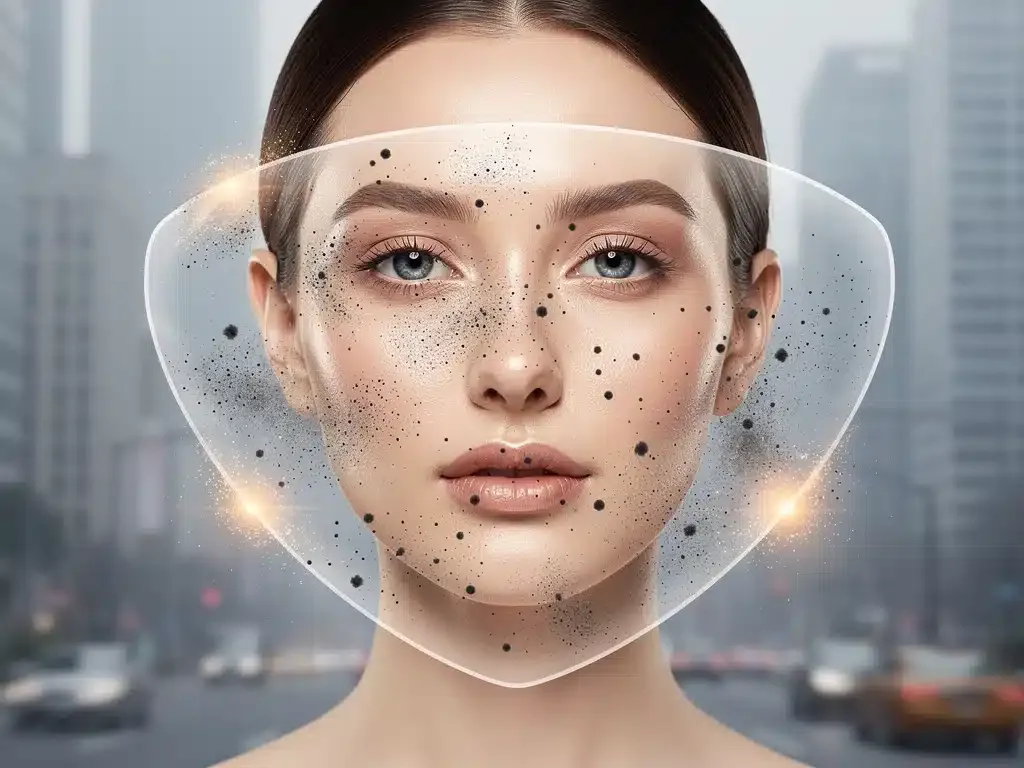 Radiant skin protected from urban pollution by an invisible barrier, symbolizing antioxidant defense.