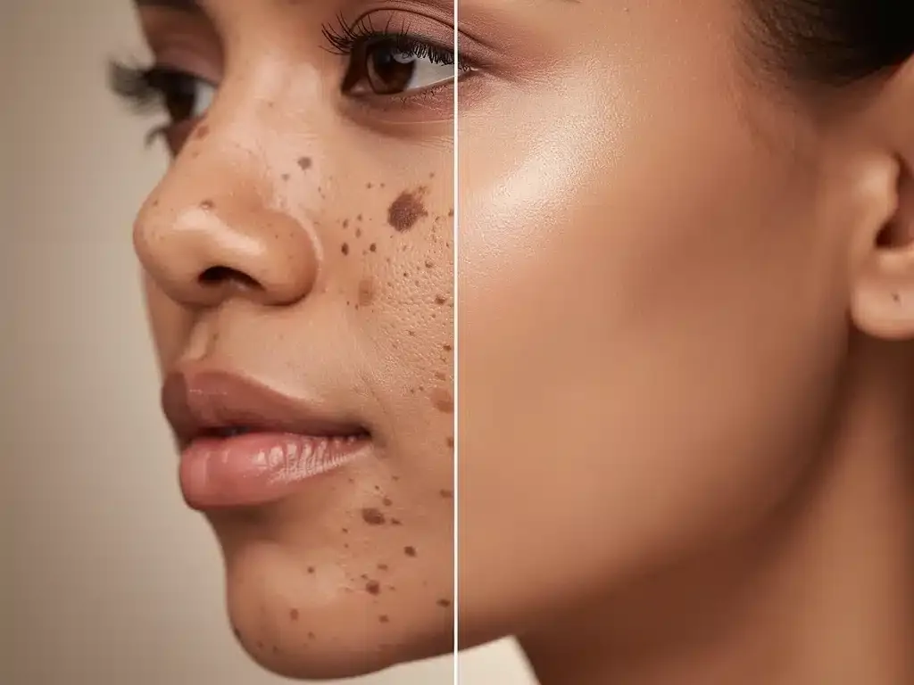 Woman's skin before and after hyperpigmentation treatment
