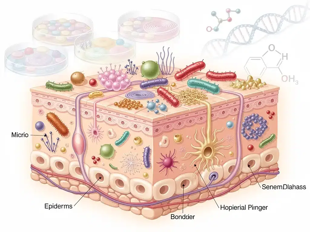 Skin microbiome illustration with beneficial bacteria for barrier health.
