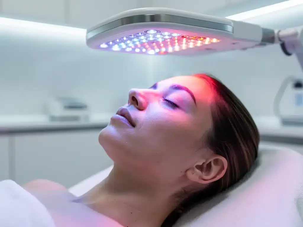 Light therapy session for skin barrier repair, showing gentle light on a person's face.