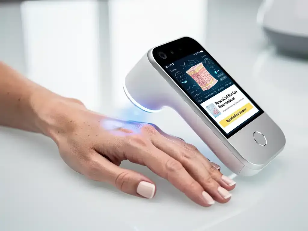 AI skin analysis device scanning hand, displaying personalized data