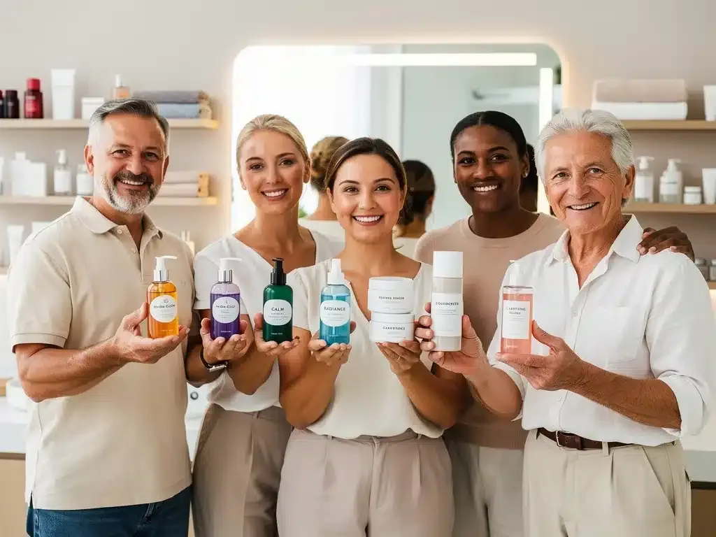 Diverse people holding personalized skincare products, demonstrating effective routines